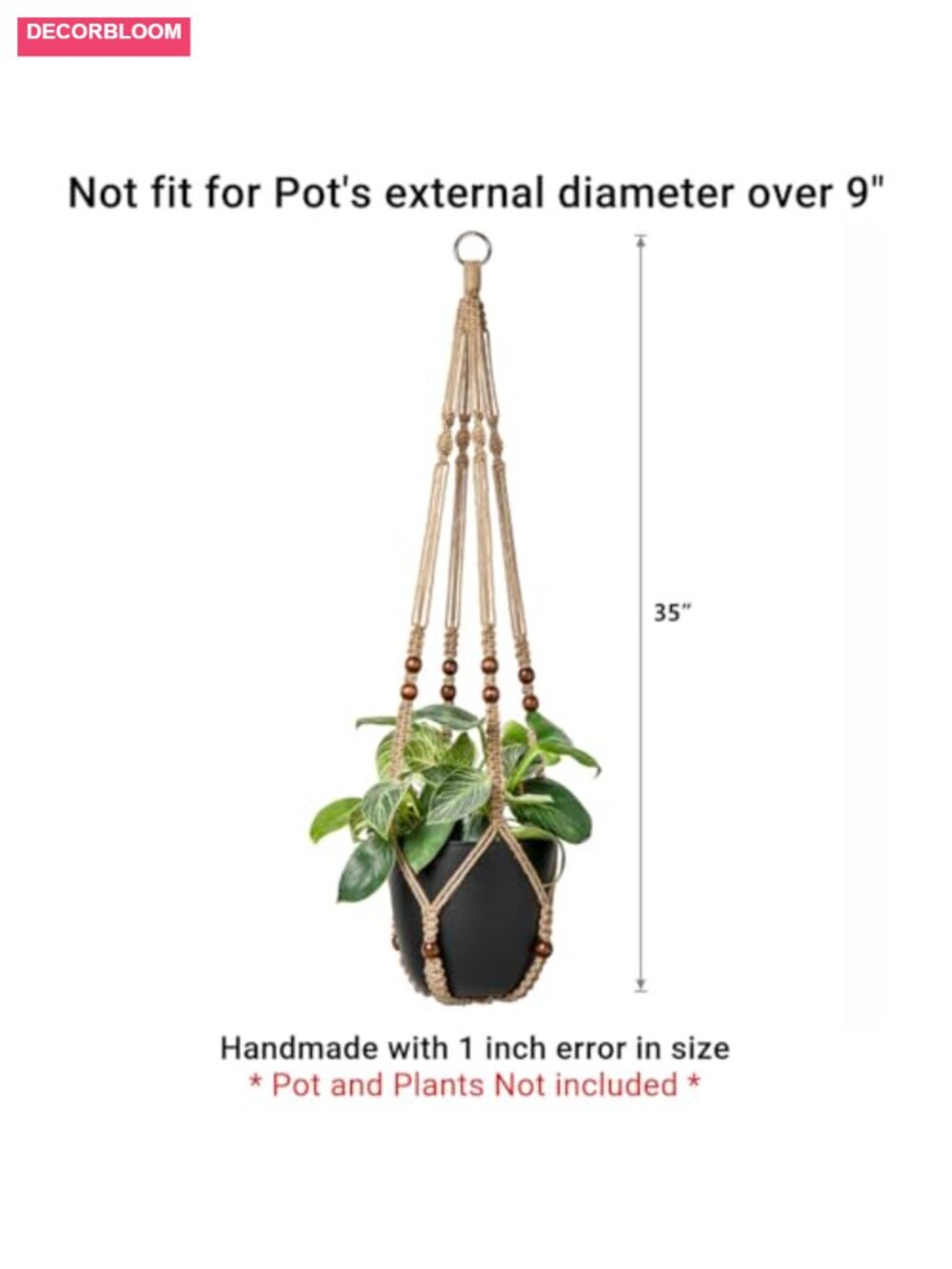 Macrame Plant Hanger Jute Hanging Planter with Wood Beads Boho Decor 35 Inch - Picture 2 of 6